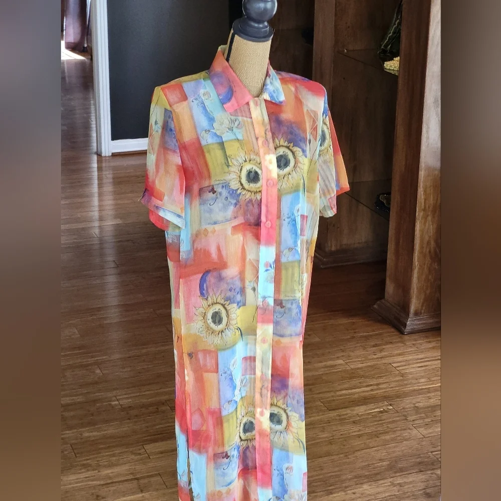 Sea N Sun Vtg 80s Bright Sheer Midi Shirt Dress Medium